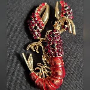 Cute Gold and Red Lobster Brooch